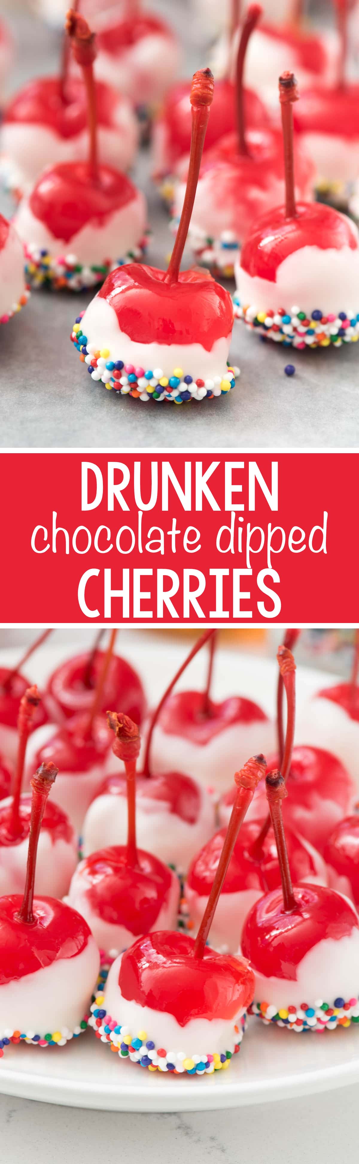 Easy Drunken Cherries - this recipe has just 4 ingredients! Dip alcohol soaked cherries in chocolate for a quick party dessert!