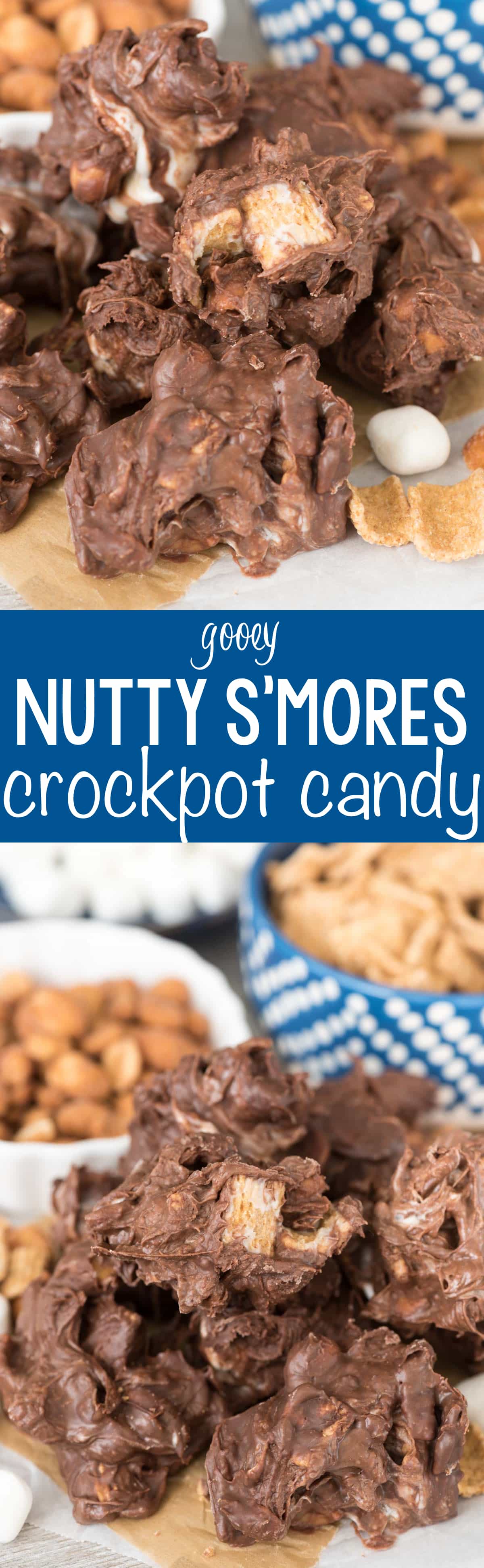 Gooey Nutty S'mores Crockpot Candy - this easy recipe has just 5 ingredients and can be made in the crockpot! The drop candy is easy and full of chocolate, grahams, and peanuts with gooey marshmallows too!