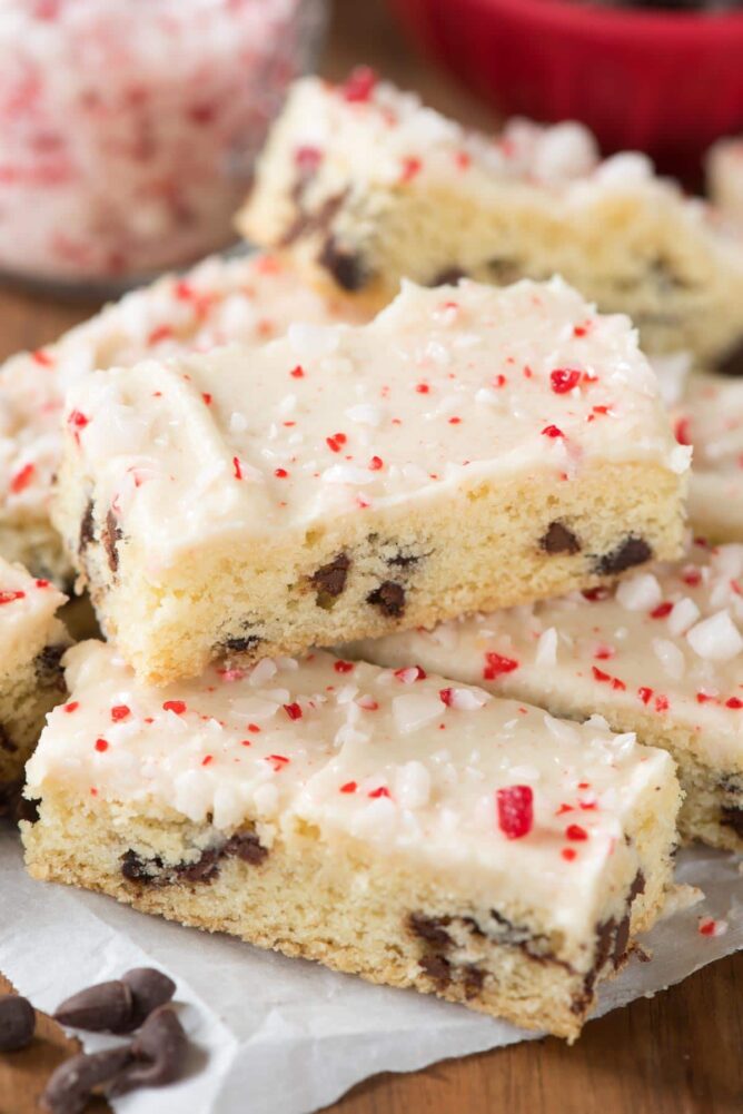 Peppermint Chocolate Chip Sugar Cookie Sticks on a stack