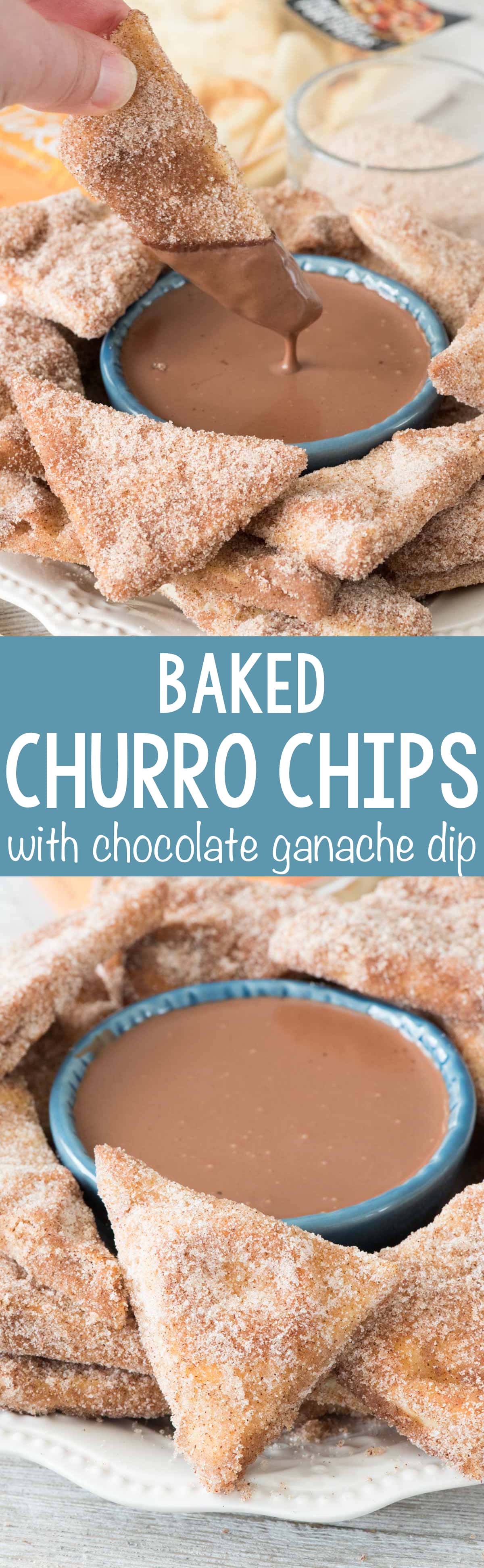 Baked Churro Chips with chocolate ganache dip - this EASY recipe starts with naan and becomes a crunchy churro chip, best dipped in rich chocolate ganache dip!