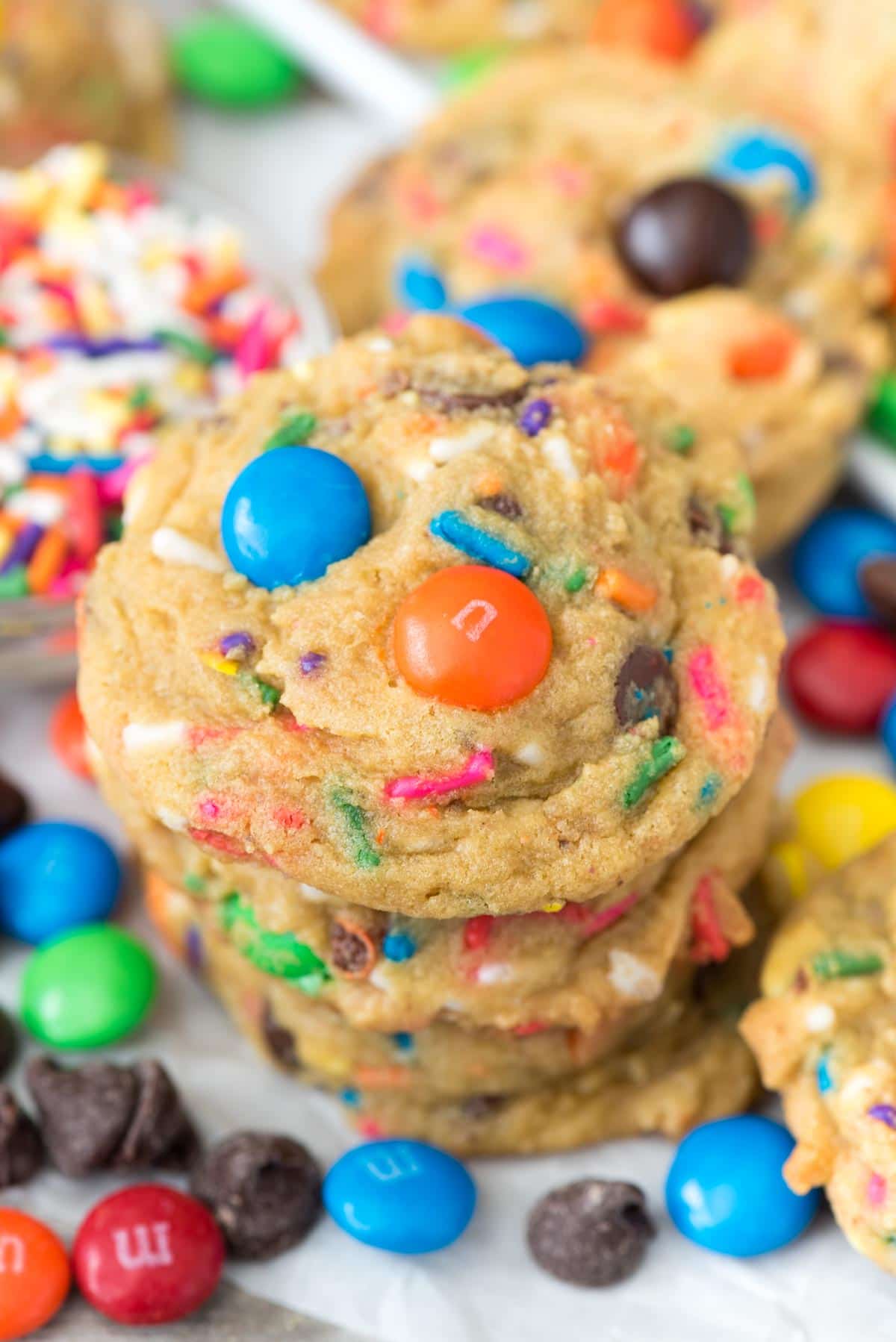 Celebration Pudding Cookies - this EASY pudding cookie recipe is filled with rainbow sprinkles and M&Ms. They're the perfect cookie to celebrate every day!