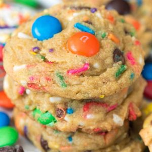 Celebration Pudding Cookies - this EASY pudding cookie recipe is filled with rainbow sprinkles and M&Ms. They're the perfect cookie to celebrate every day!