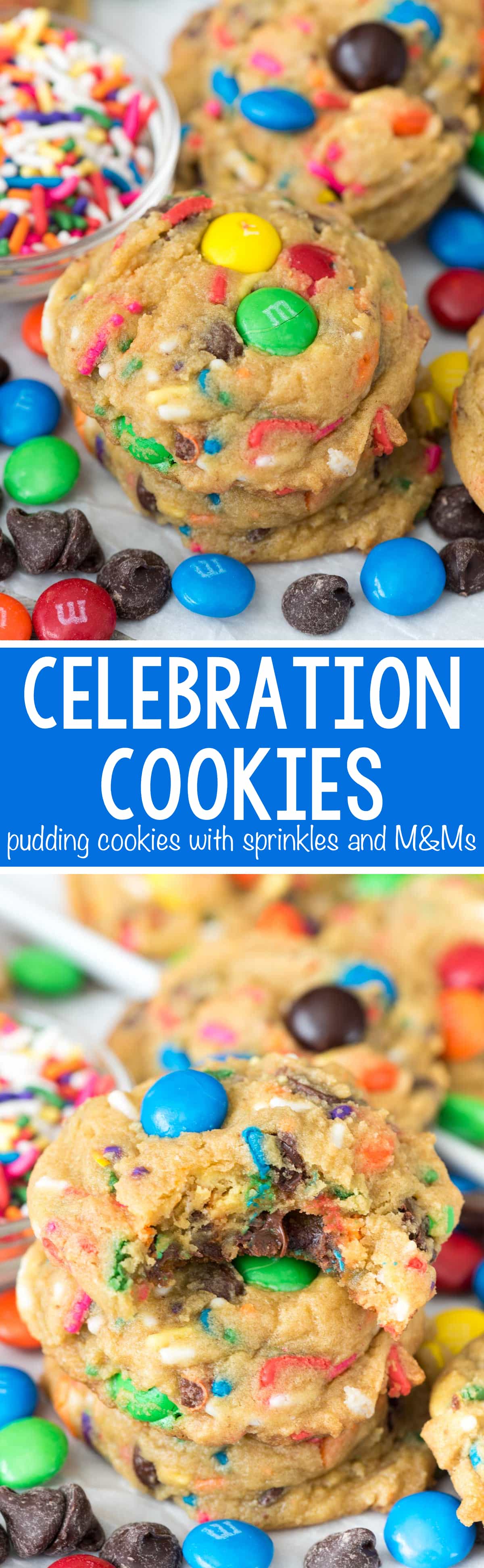 Celebration Pudding Cookies - this EASY pudding cookie recipe is filled with rainbow sprinkles and M&Ms. They're the perfect cookie to celebrate every day!