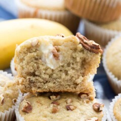 Stack of Cream Cheese Banana Muffins - this EASY banana muffins recipe is my favorite, and it's FULL of a sweet cream cheese mixture! Everyone loves these muffins!
