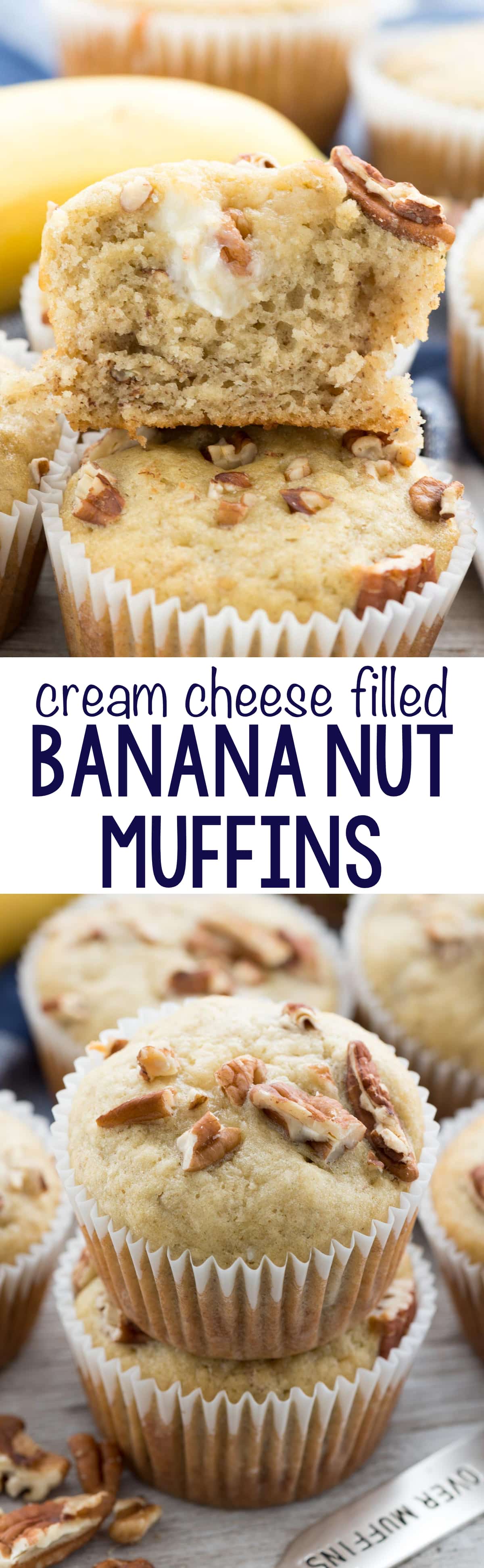 Cream Cheese Banana Muffins - this EASY banana muffin recipe is my favorite and it's FULL of a sweet cream cheese mixture! Everyone loves these muffins!