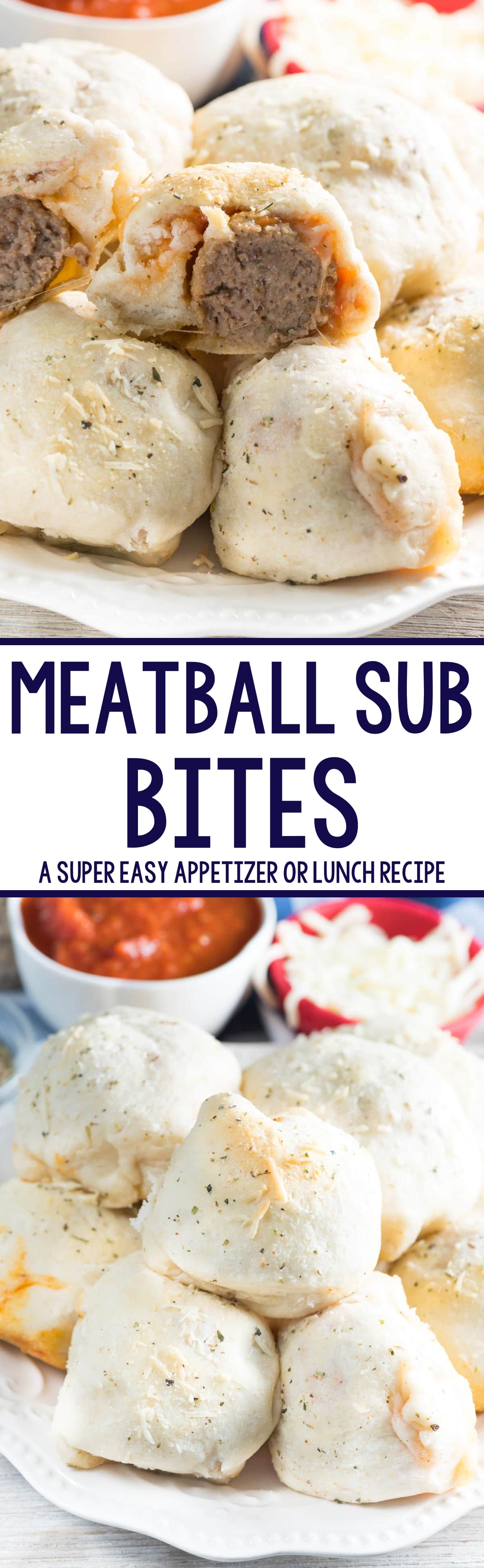 Meatball Sub Bites - this easy appetizer recipe has just 4 main ingredients and is perfect for a party or lunch. Wrap frozen meatballs in biscuit dough for a handheld meatball sub in a bite!