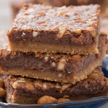 Stack of Flourless Peanut Butter Brookies on a blue plate