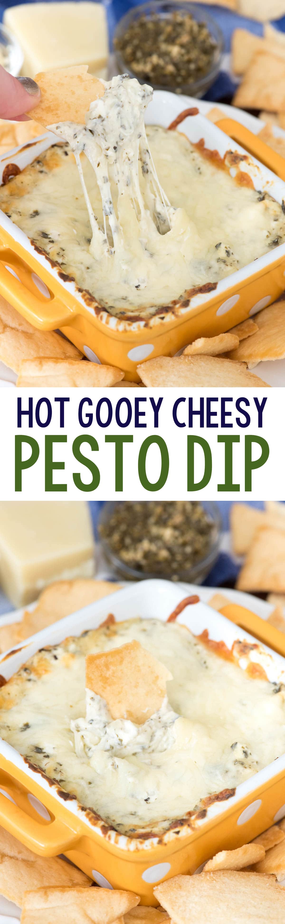 Hot Cheesy Pesto Dip - this super EASY appetizer is the perfect dip! Just 5 ingredients make a gooey cheesy dip full of basil and garlic pesto flavor!