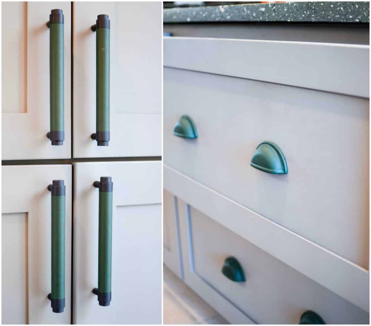 7 Tips for decorating a GREEN kitchen: adding accents via green pulls for the cabinets.