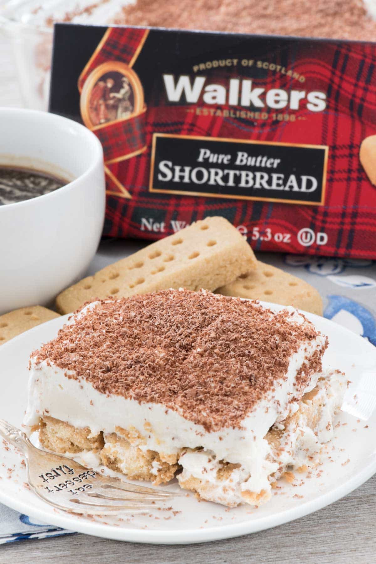 No Bake Shortbread Tiramisu Dessert - this easy no bake dessert recipe uses Walkers shortbread cookies as the base of the tiramisu!