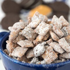 blue bowl with muddy buddies and oreo pieces