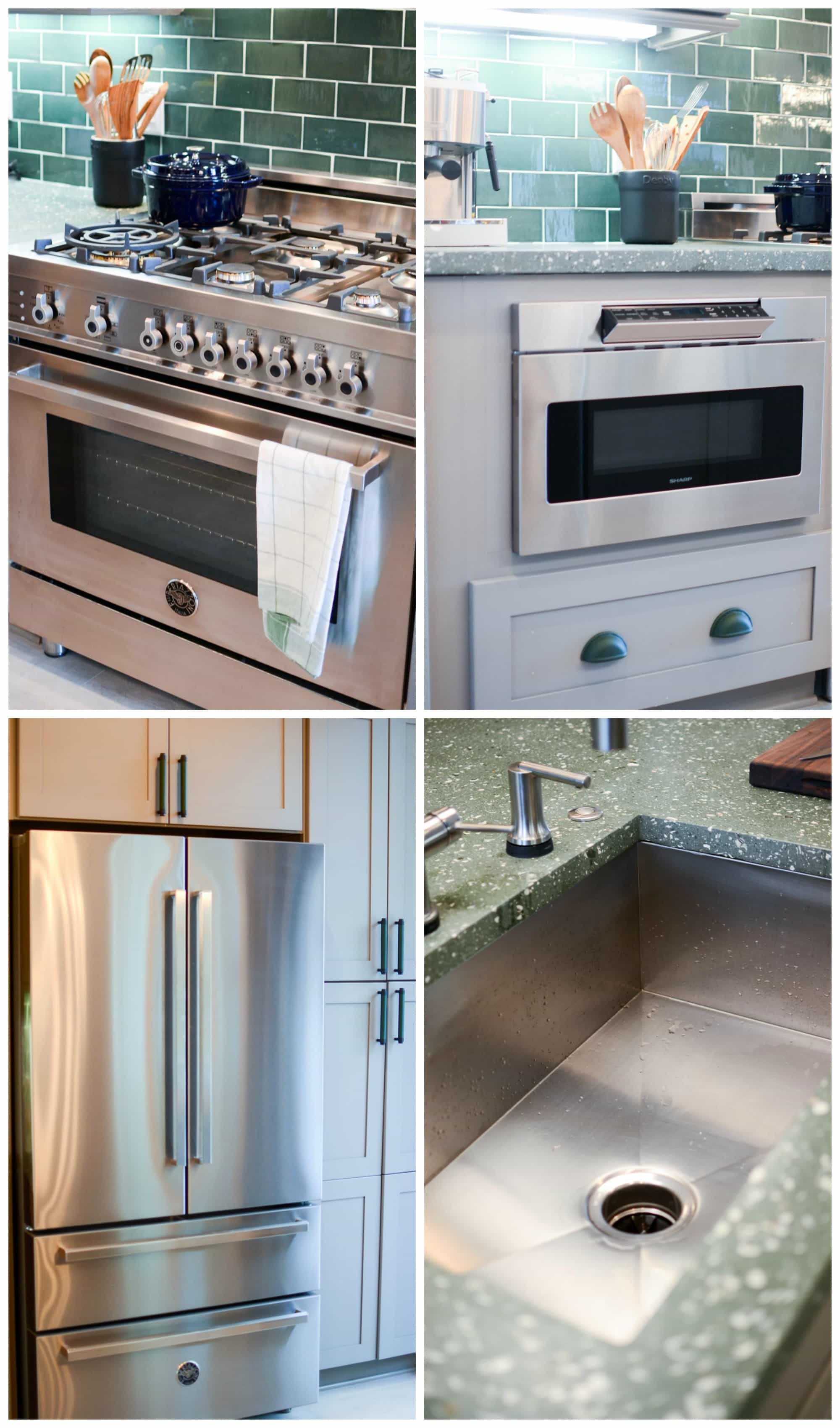 7 Tips for decorating a GREEN kitchen: stainless steel appliances look best with the rich green color.