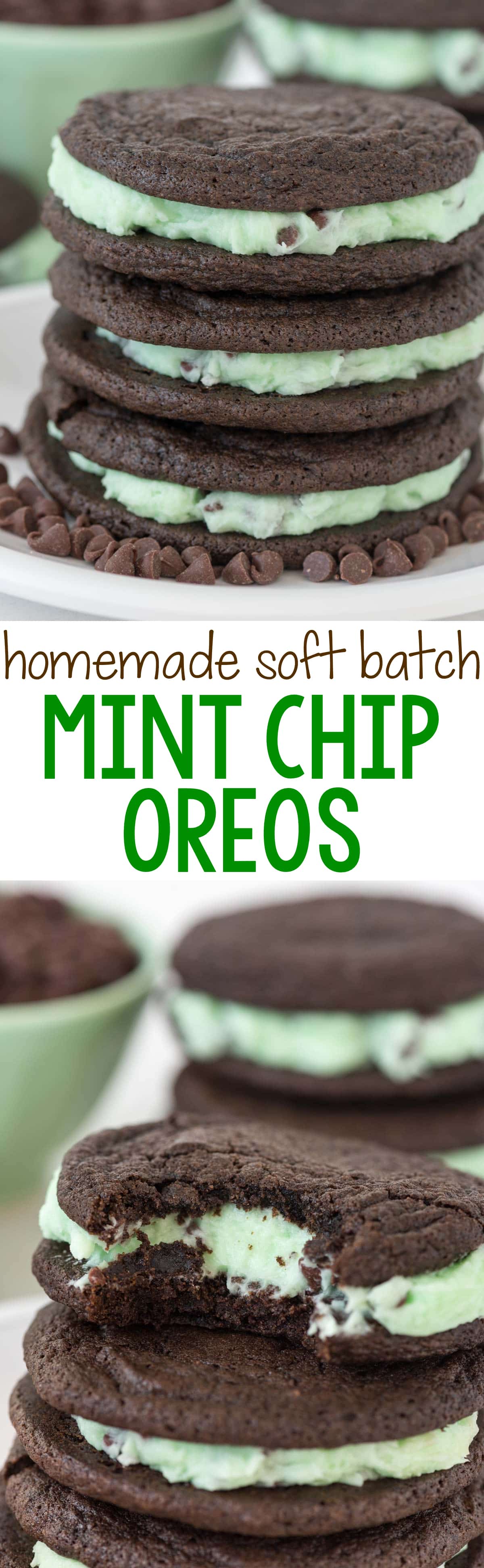 Soft Batch Mint Chip Oreos - this EASY homemade Oreo recipe is soft batch and filled with mint chip filling! Mint lovers will LOVE this cookie recipe.