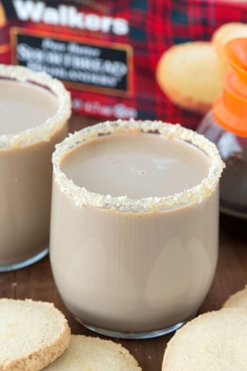 Irish cream cocktail in small glasses with walkers box behind