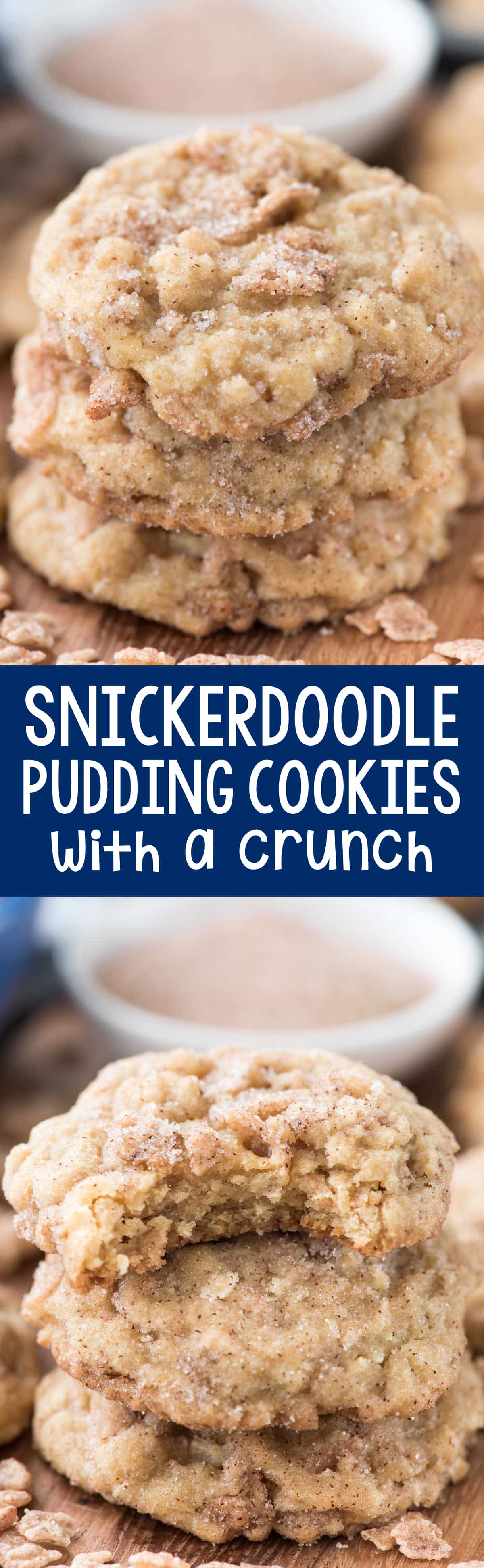 Snickerdoodle Crunch Pudding Cookies - this EASY pudding cookie recipe is a soft cookie full of crunchy cinnamon cereal and coated in cinnamon sugar! The perfect snickerdoodle recipe with a crunchy twist.