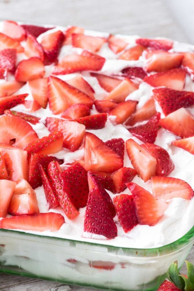 No Bake Strawberry Lemon Cake in a casserole dish