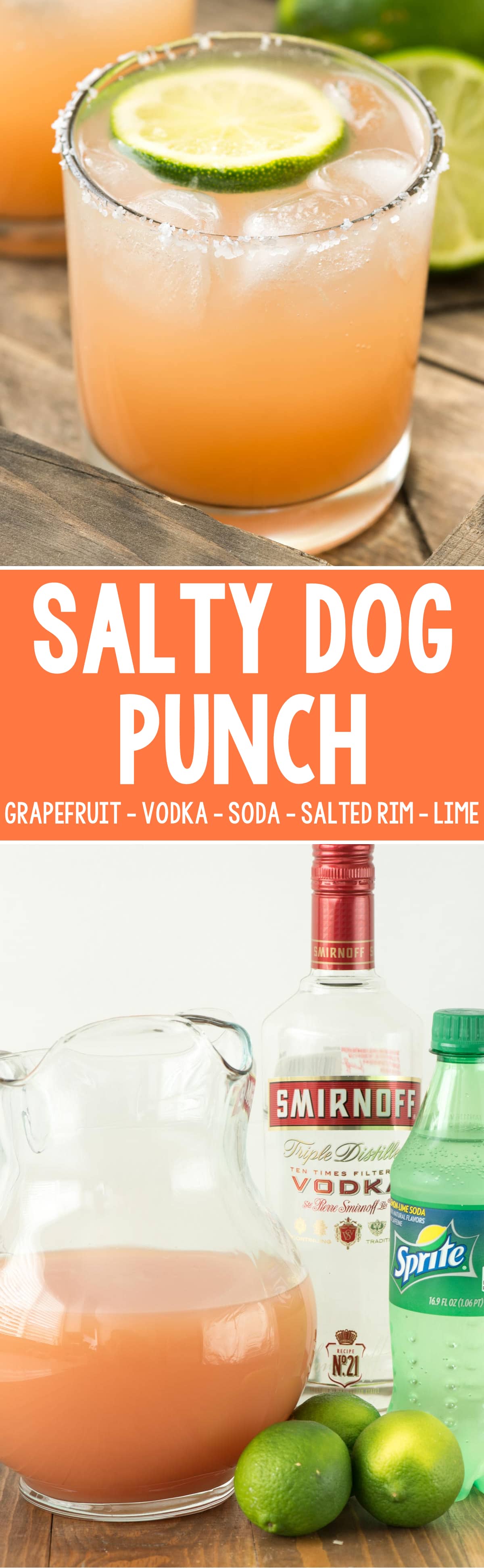 Salty Dog Punch - this easy cocktail recipe is made with grapefruit juice, vodka, and soda with lime for garnish and a salted rim! It's the perfect not-to-sweet spring or summer punch!