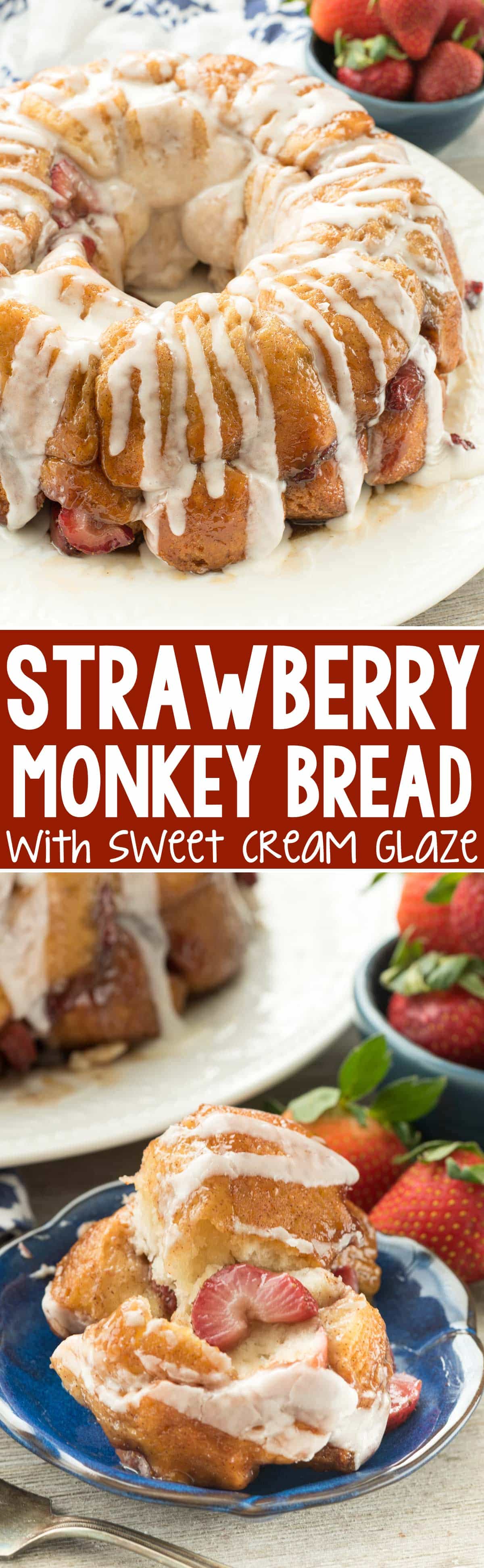 EASY Strawberry Monkey Bread with a sweet creamy glaze - this simple brunch recipe is classic monkey bread filled with fresh strawberries and a sweet glaze on top. We all loved it!