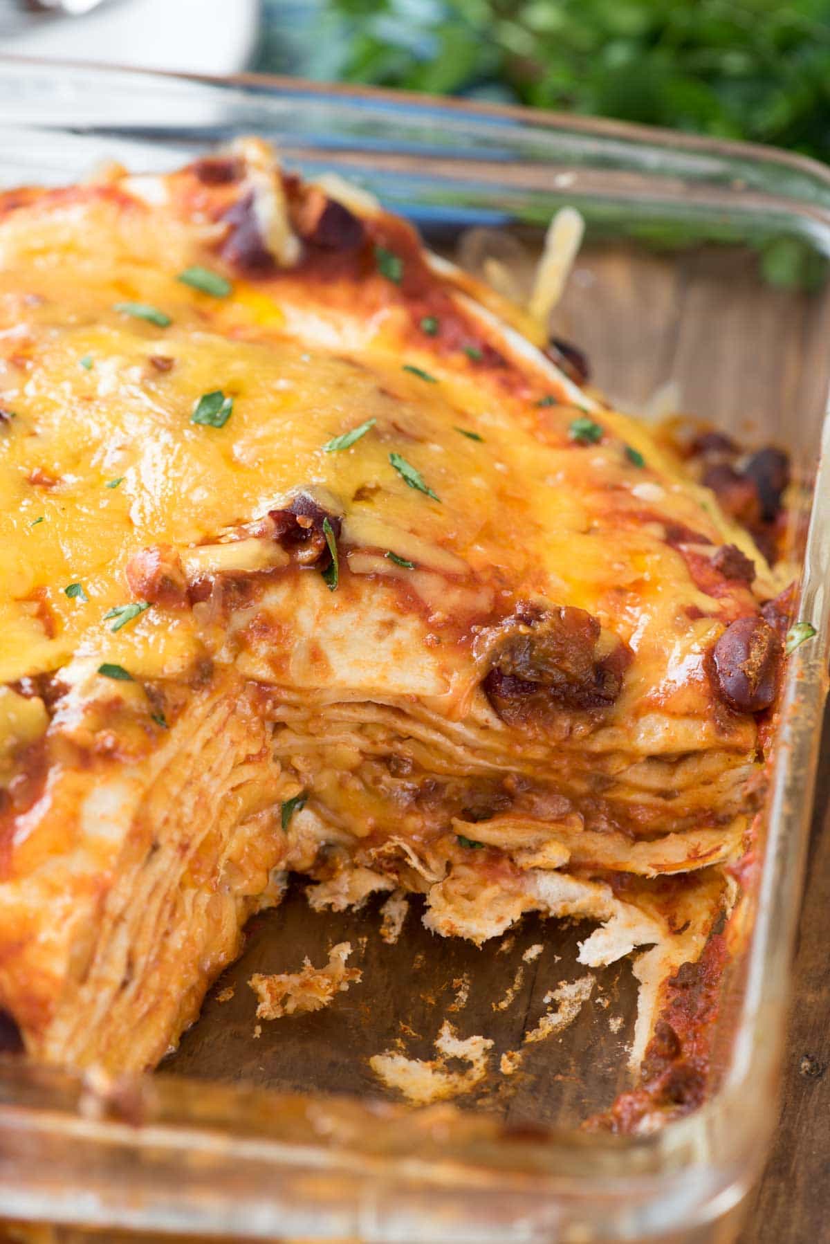 Bean Stuff Casserole in a glass baking dish