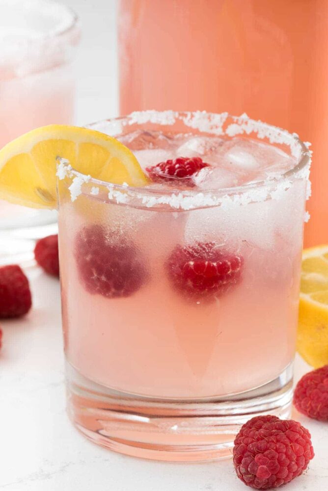 Raspberry Lemonade Margarita -in a small cocktail glass