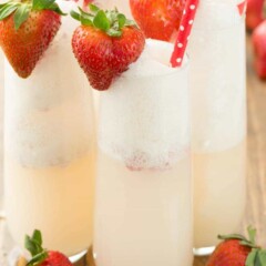 Four Strawberry Shortcake Mimosa in champagne glasses