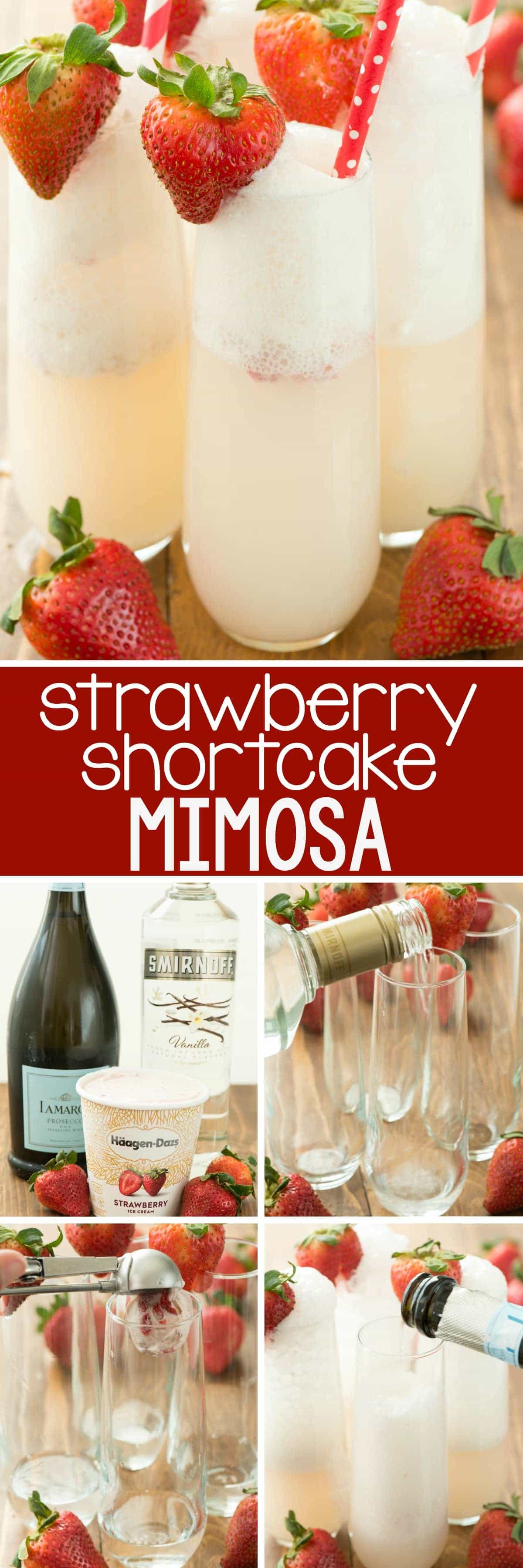 Strawberry Shortcake Mimosa - just three ingredients to the prettiest mimosa recipe ever! This champagne cocktail is perfect for brunch and can be made as a single cocktail or as a punch!
