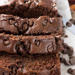 Slices of Triple Chocolate Banana Bread on a white napkin.