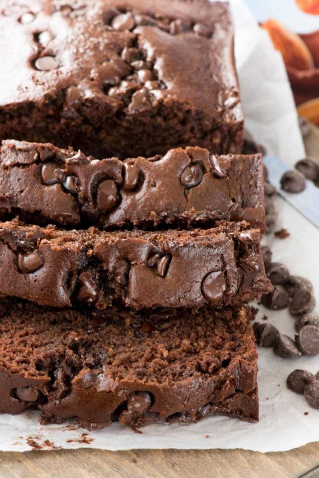 Slices of Triple Chocolate Banana Bread on a white napkin.