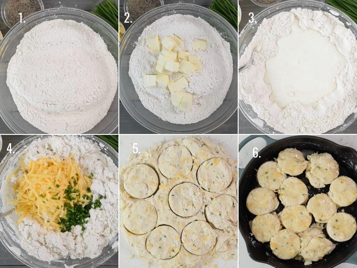 6 photos showing how to make cheddar biscuits