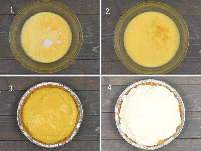 4 photos showing how to make lemon cream pie