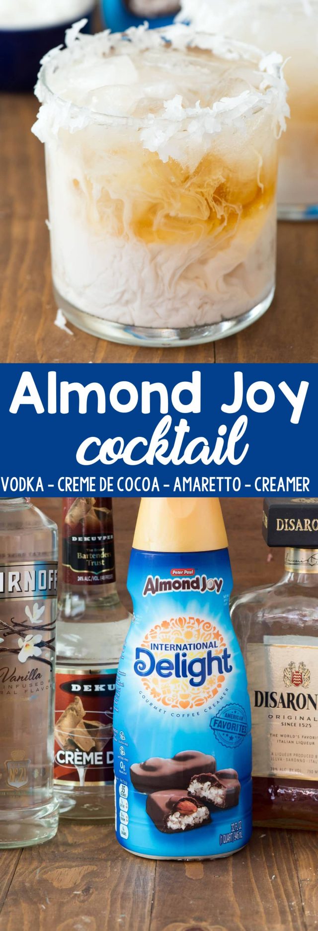 Almond Joy Cocktail - an easy cocktail recipe that tastes like an Almond Joy Candy Bar! Vodka, amaretto, creme de cocoa, and Almond Joy Coffee Creamer make one tasty drink!