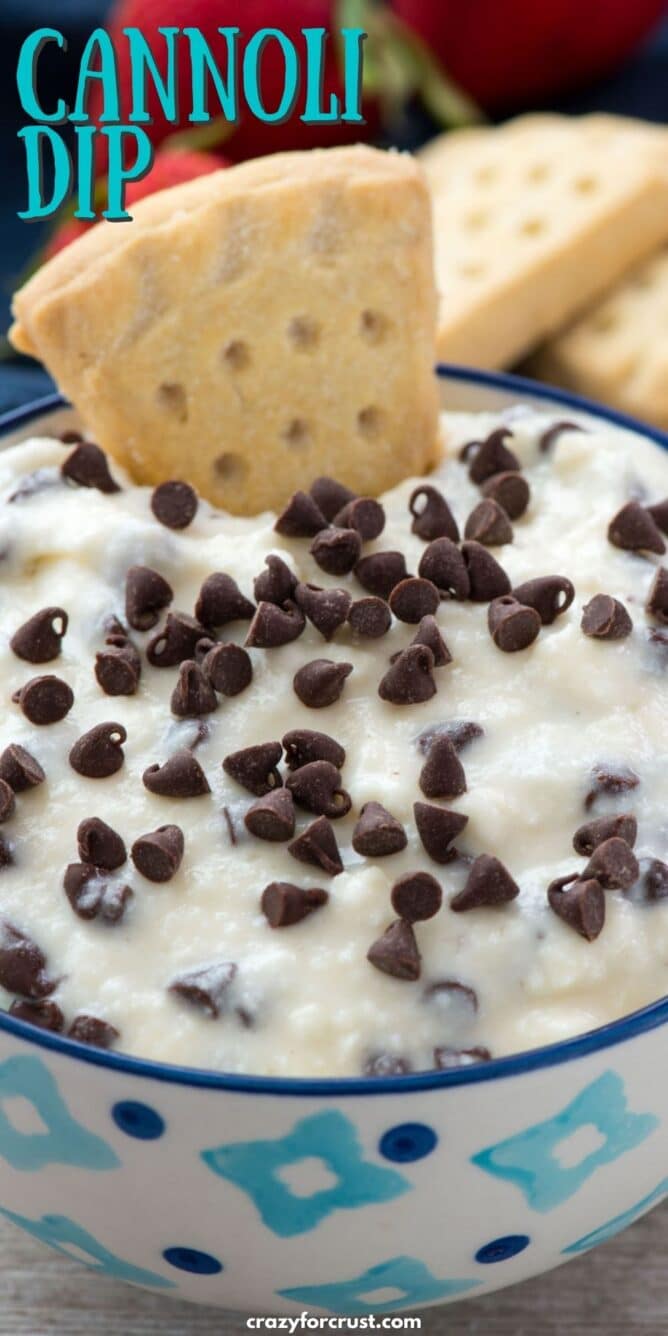 bowl of dip with chocolate chips and shortbread