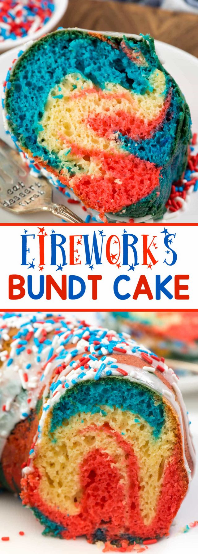 Fireworks Bundt Cake - this easy bundt cake recipe starts with a cake mix. Doctor it up to make a soft and delicious bundt cake that is accidentally dairy free. Tie dye it for the 4th of July!