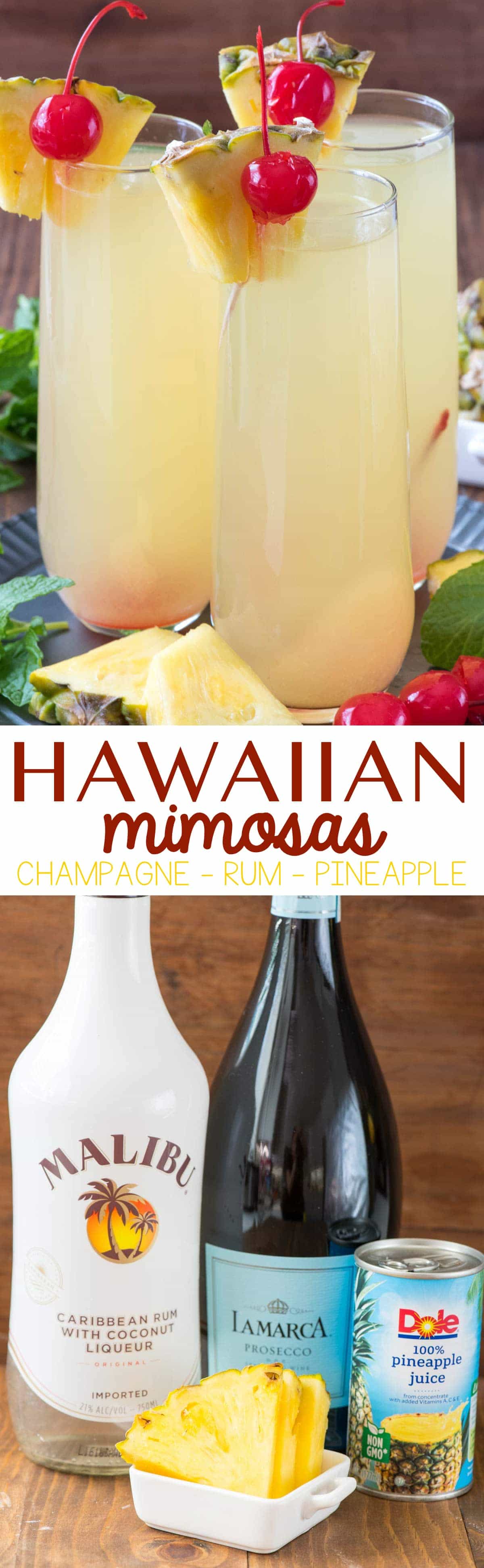 photo collage- Three Hawaiian Mimosas and Malibu Rum, Prosecco and Dole can of pineapples. 