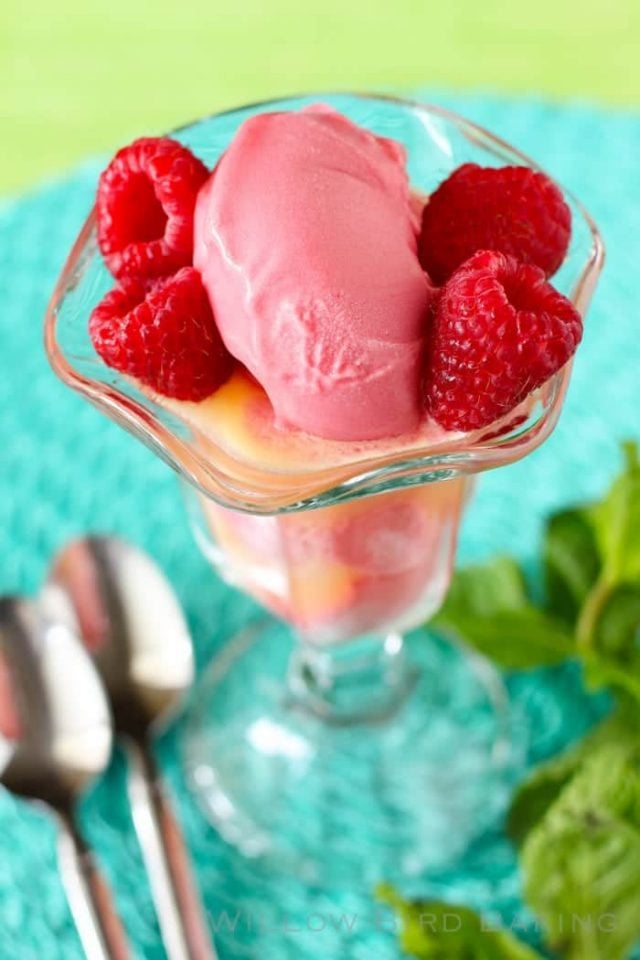 Glass of a Sorbet Mimosa Float with fresh raspberries and Ice cream. 