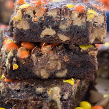 Stack of One Bowl Reese's Extreme Brownies The ULTIMATE Reese's Brownies! This is a one bowl brownie recipe FULL of 3 KINDS of Reese's: peanut butter cups, peanut butter chips, and Reese's Pieces!!