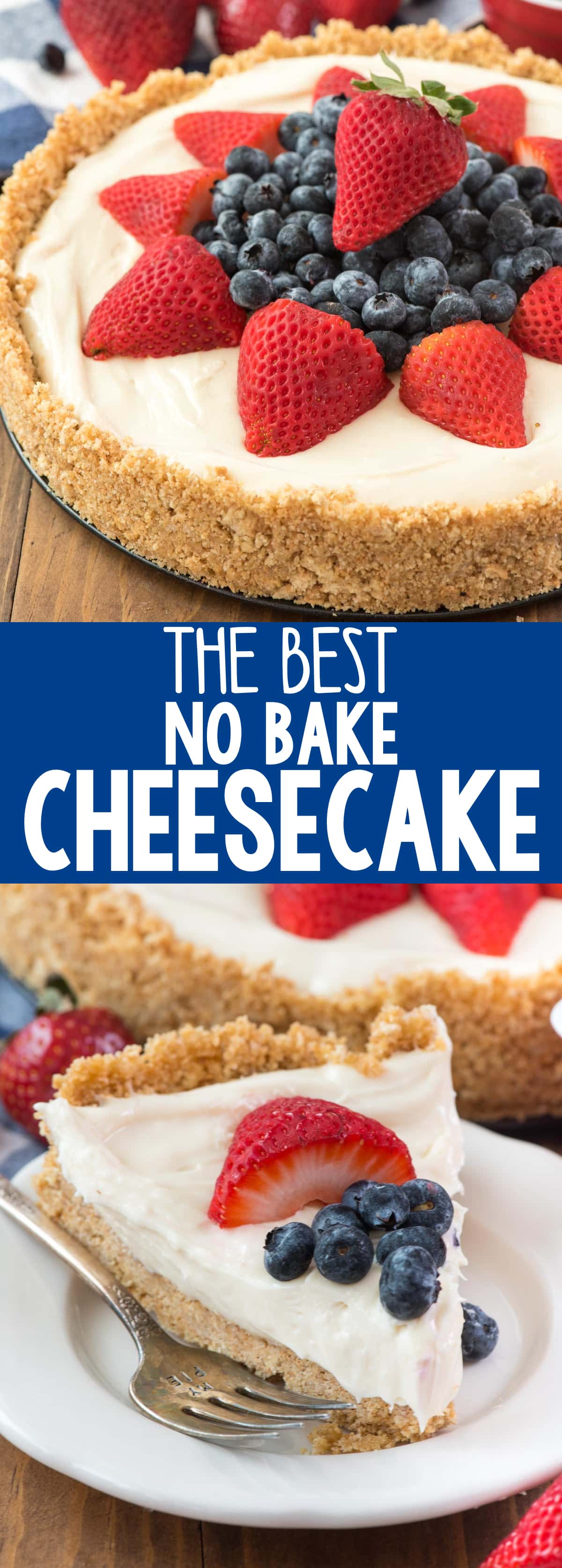 This is THE BEST NO BAKE CHEESECAKE RECIPE EVER! It's got a thick graham cracker crust and an easy filling and everyone loves it!