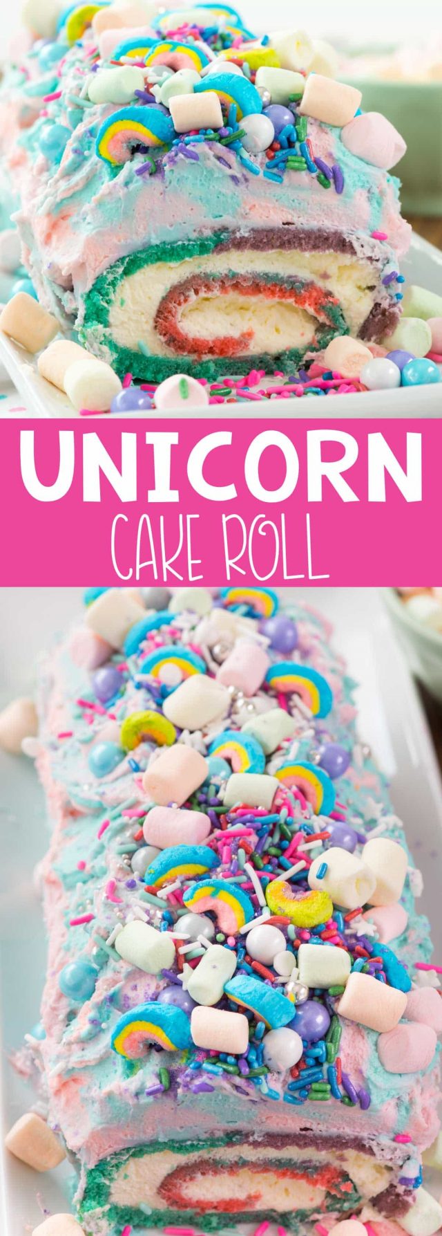 photo collage - Unicorn Cake Roll with frosting, pudding whipped cream, sprinkles, marshmallows on a white platter.