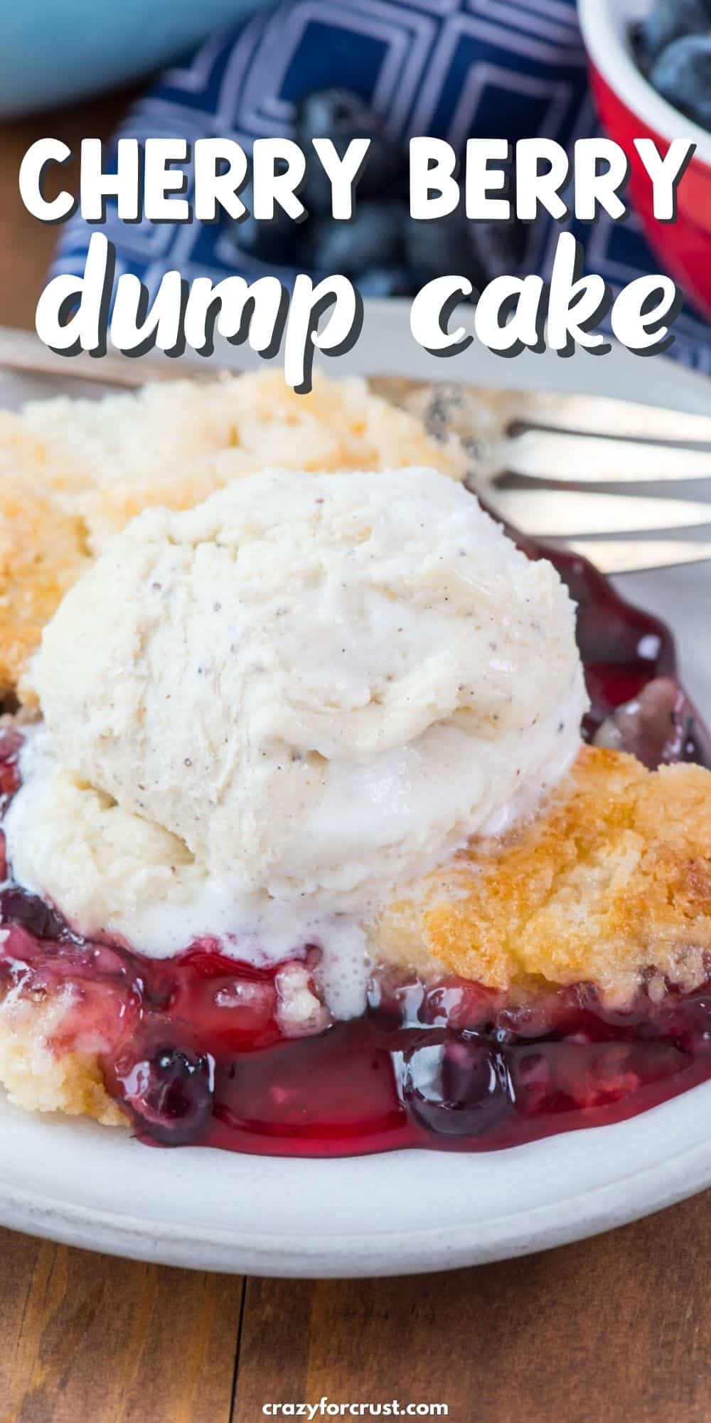 dump cake on white plate with vanilla ice cream