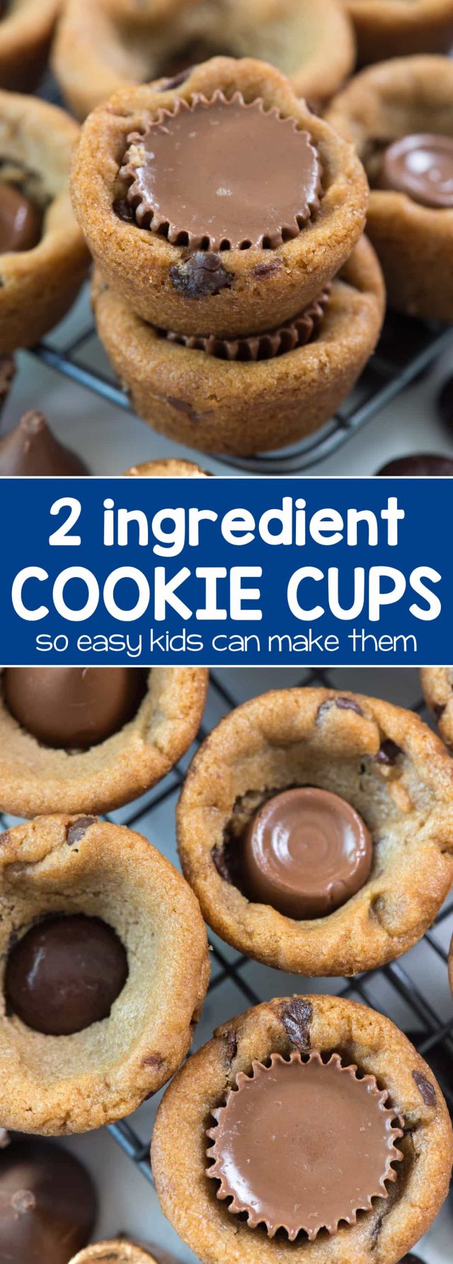 EASY 2 ingredient cookie cups! Use your favorite cookie dough recipe or packaged dough to make an easy treat everyone loves. Add your favorite candy for a fun surprise!