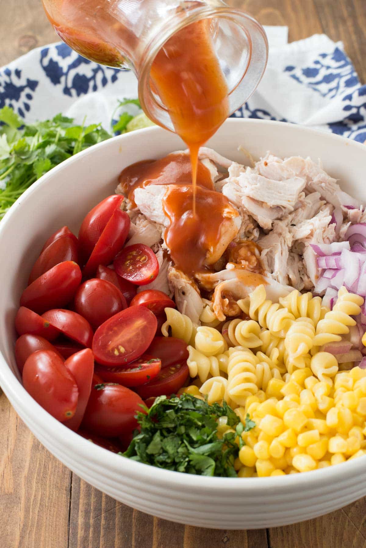 Easy BBQ Chicken Pasta Salad with a BBQ sauce vinaigrette!