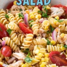bowl of pasta salad with words on photo