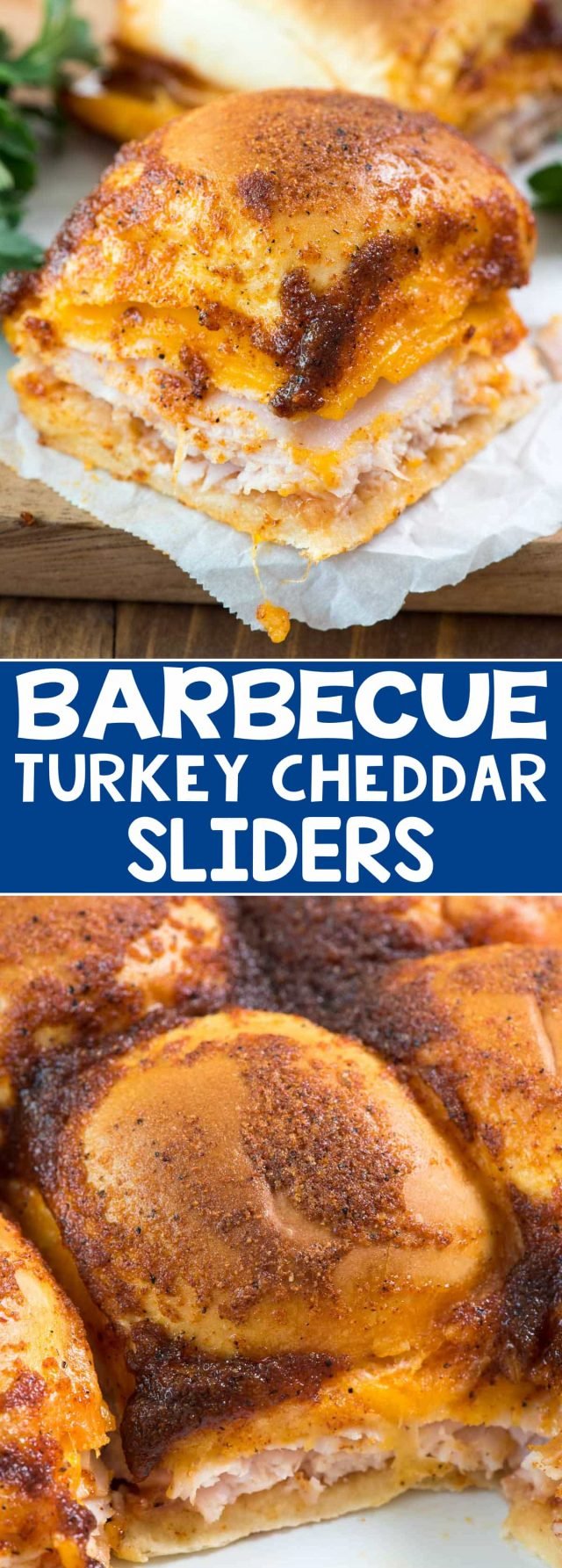 BBQ Turkey Cheddar Sliders - this easy slider recipe is full of turkey, cheese, and barbecue flavoring! The topping tastes JUST like a BBQ chip!