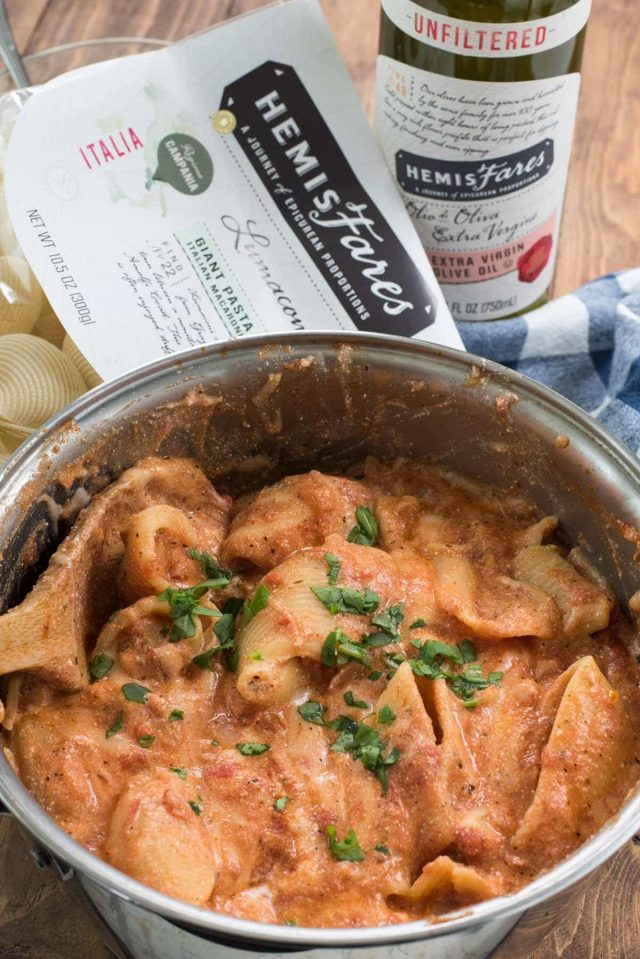 One Pot Unstuffed Shells - an easy dinner recipe made using HemisFares pasta and olive oil.