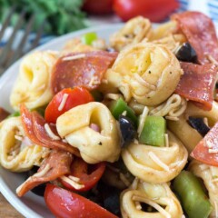 Pizza Tortellini Salad on a white plate with small tomatoes and greens in the background