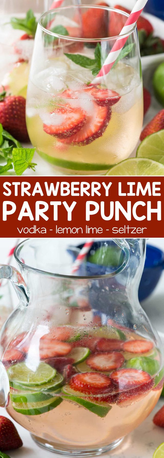 Strawberry Lime Party Punch - this easy cocktail recipe has just 3 ingredients: strawberry vodka, lemon lime soda, and seltzer. The perfect refreshing party punch cocktail!