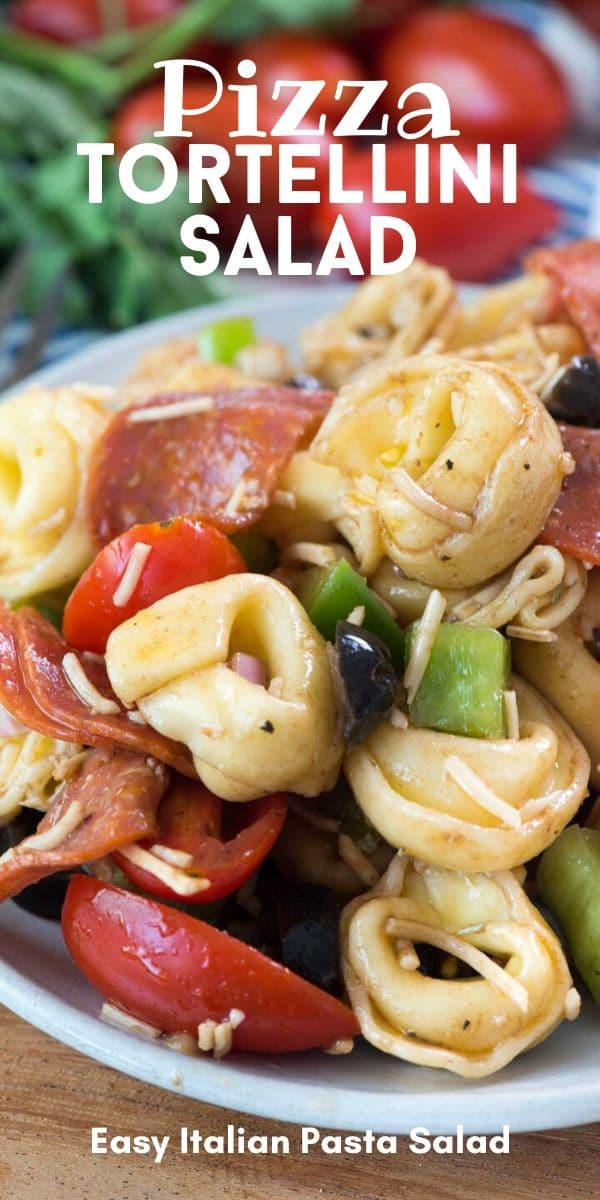 plate with tortellini salad with pepperoni and peppers