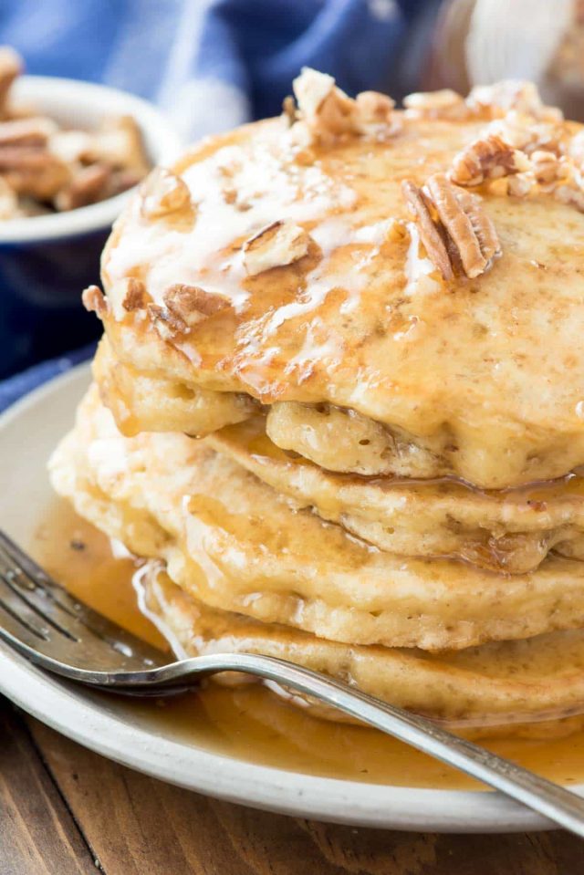 Butter Pecan Pancakes - this easy recipe is the BEST PANCAKE RECIPE EVER. The flavor tastes just like butter pecan ice cream, especially with the butter pecan syrup!