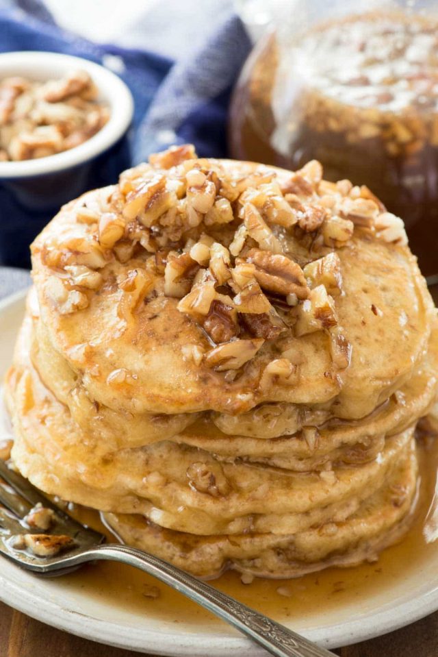 Butter Pecan Pancakes - this easy recipe is the BEST PANCAKE RECIPE EVER. The flavor tastes just like butter pecan ice cream, especially with the butter pecan syrup!