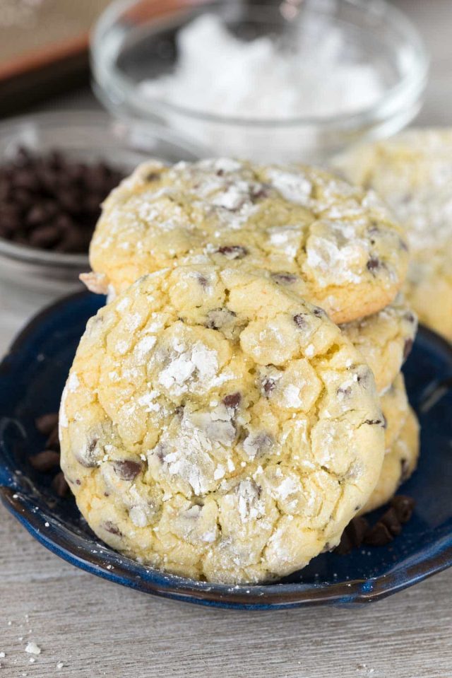 Stack of easy cake mix crinkle cookies with chocolate chips.